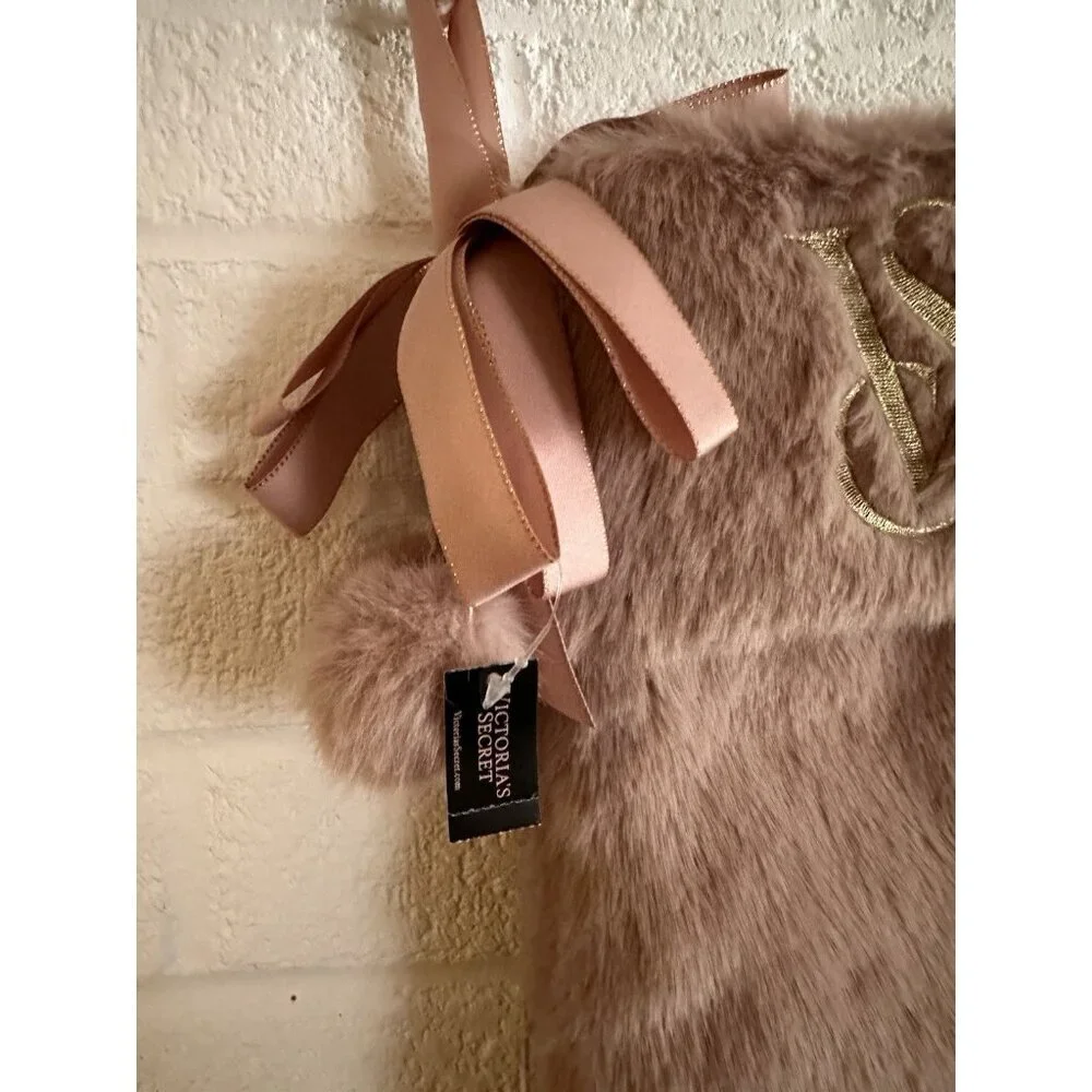 New VICTORIA'S SECRET Faux Fur Blush Pink Christmas Stocking Gold VS Bow Accents